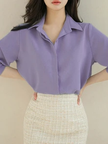 DAZY Camisa con botones frontales lisos, blusas de manga larga - Morado - Ver 3