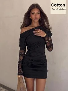 Siren Gaze New Form-Fitting Dress Featuring Cotton And Lace Paneling-A Sexy Black Style For Women, Perfect For Halloween Clubbing - Black - View 10