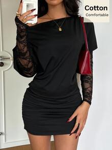 Siren Gaze New Form-Fitting Dress Featuring Cotton And Lace Paneling-A Sexy Black Style For Women, Perfect For Halloween Clubbing - Black - View 5