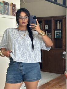 Muchica Plus Size Women Casual Elegant Lace Patchwork T-Shirt Formal Gray Summer Brunch Office - Multicolor - View 5