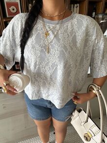 Muchica Plus Size Women Casual Elegant Lace Patchwork T-Shirt Formal Gray Summer Brunch Office - Multicolor - View 3
