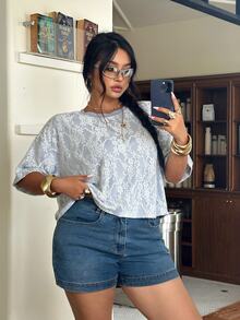 Muchica Plus Size Women Casual Elegant Lace Patchwork T-Shirt Formal Gray Summer Brunch Office - Multicolor - View 1