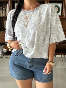 Muchica Plus Size Women Casual Elegant Lace Patchwork T-Shirt Formal Gray Summer Brunch Office - Multicolor - View 4