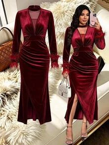 Reflora Plus Size Women's Contrast Mesh Pleated Fur Cuff Fitted Fashion Dress - Burgundy - View 10