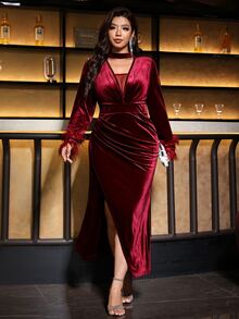 Reflora Plus Size Women's Contrast Mesh Pleated Fur Cuff Fitted Fashion Dress - Burgundy - View 6
