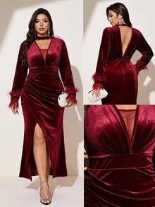 Reflora Plus Size Women's Contrast Mesh Pleated Fur Cuff Fitted Fashion Dress - Burgundy - View 9