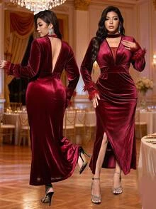 Reflora Plus Size Women's Contrast Mesh Pleated Fur Cuff Fitted Fashion Dress - Burgundy - View 1