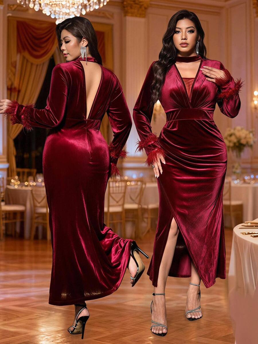Reflora Plus Size Women's Contrast Mesh Pleated Fur Cuff Fitted Fashion Dress - Burgundy - View 1