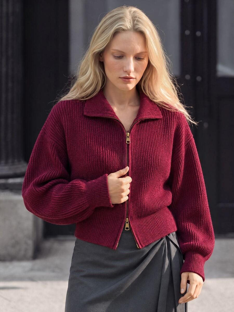 Airaco Vintage Lantern Sleeve Cropped Waist Cardigan - Burgundy - View 1