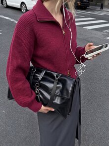 Airaco Vintage Lantern Sleeve Cropped Waist Cardigan - Burgundy - View 2