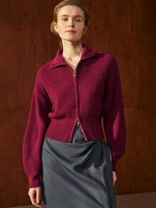 Airaco Vintage Lantern Sleeve Cropped Waist Cardigan - Burgundy - View 8