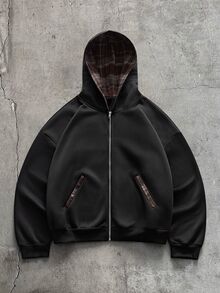 AXEPEAK 復古男士長袖拉鍊連帽衫與抽繩腰運動長褲休閒套裝 - 黑色 - 查看 3