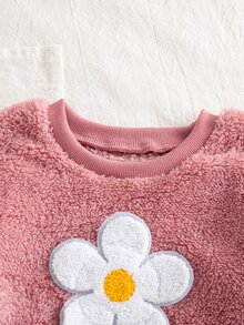 3件組女孩秋季套裝，圓領羅紋衛衣 3D花卉、錐形長褲、花卉抓絨背心三件套，7歲生日白色紫色秋季款 - 粉色 - 查看 6