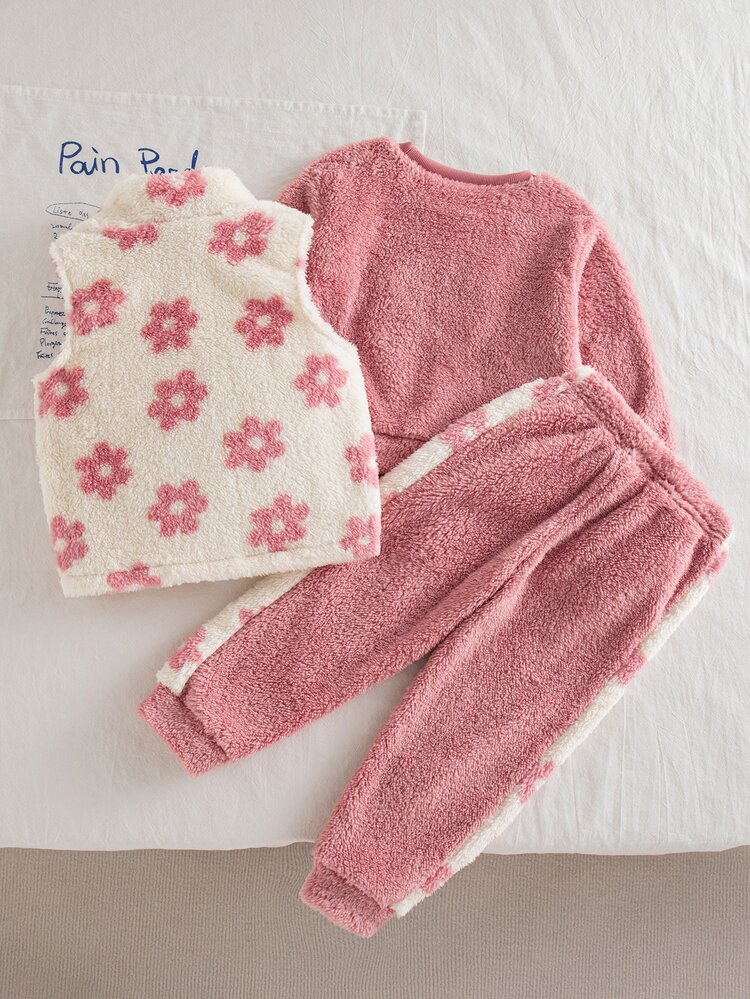 3pcs Girls Autumn Outfit Set, Crew Neck Ribbed Sweatshirt 3D Floral, Tapered Pants, Floral Fleece Vest Three Pieces Set 7th Birthday White Purple Fall - Pink - View 2