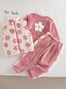 3件組女孩秋季套裝，圓領羅紋衛衣 3D花卉、錐形長褲、花卉抓絨背心三件套，7歲生日白色紫色秋季款 - 粉色 - 查看 4