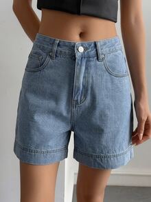 Livesso Women's High-Waist Light Blue Solid Color Washed Cotton Casual Loose Button Straight Leg Cuffed Denim Shorts, Summer Autumn Vacation - Blue - View 3