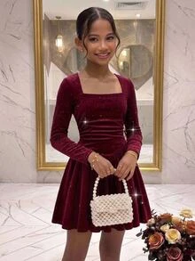 Pitira 少女秋季洋裝 酒紅色閃亮天鵝絨 方領長袖抓皺 A字洋裝 秋季穿搭 冬季 優雅 派對 聖誕 華麗 - 酒紅色 - 查看 4