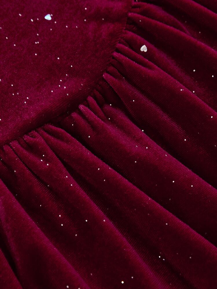 Pitira Tween Girls Fall Dress Burgundy Sparkle Velvet Square Neck Long Sleeve Ruched A-Line Dress, Fall Outfits, Winter, Elegant, Party, Christmas, Glam - Burgundy - View 6