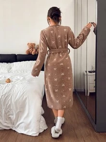 Napfluff Bowknot Polka Dot Print Soft Plush Comfortable Long Sleeve Robe - Brown - View 2