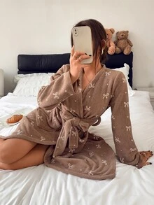 Napfluff Bowknot Polka Dot Print Soft Plush Comfortable Long Sleeve Robe - Brown - View 6
