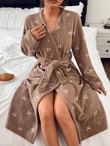 Napfluff Bowknot Polka Dot Print Soft Plush Comfortable Long Sleeve Robe - Brown - View 5