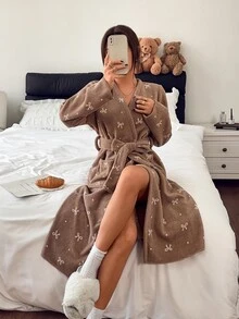 Napfluff Bowknot Polka Dot Print Soft Plush Comfortable Long Sleeve Robe - Brown - View 3