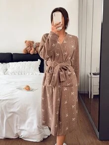 Napfluff Bowknot Polka Dot Print Soft Plush Comfortable Long Sleeve Robe - Brown - View 7