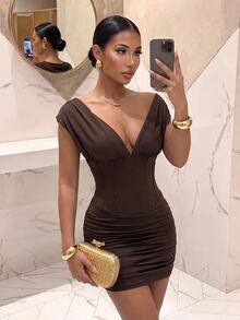 Slaydiva Brown Off Shoulder Deep V Corset Waist Ruched Bodycon Mini Party Dress-A - Brown - View 9
