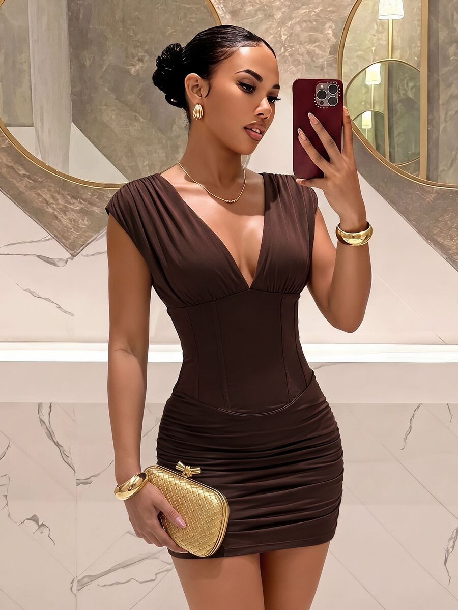 Slaydiva Brown Off Shoulder Deep V Corset Waist Ruched Bodycon Mini Party Dress-A