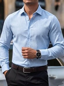 Manfinity Mode 2026秋季流行簡約休閒男士襯衫，淺藍色開領長袖襯衫，適合辦公工作 - 藍色 - 查看 9
