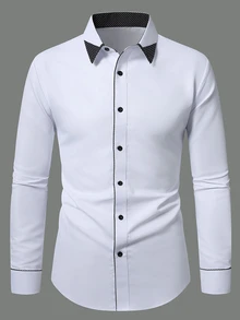 Manfinity Mode Men's Business Casual Single-Breasted Long Sleeve Commuter Office Shirt Old Money, Daily Leisure, Gift Party Vacation Holiday, Formal - Black and White - View 3