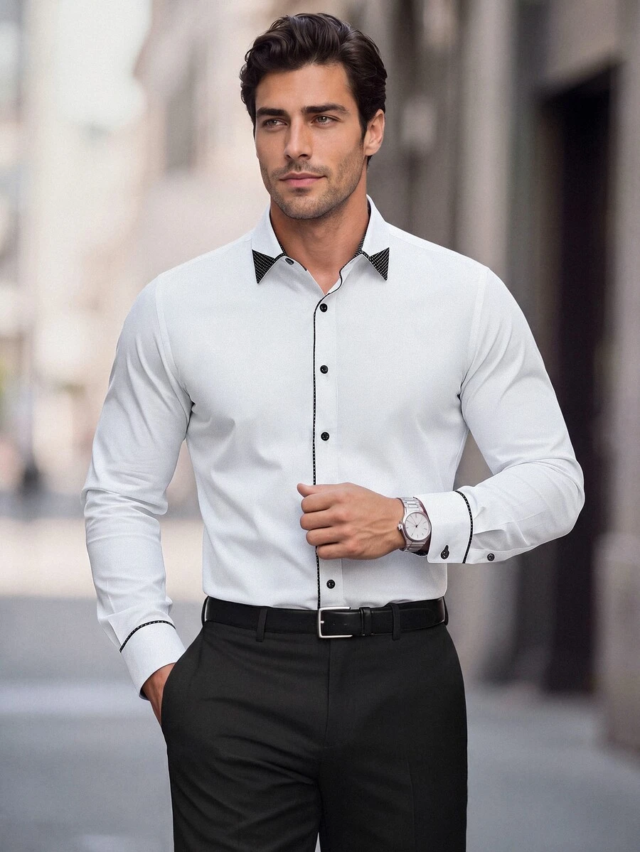 Manfinity Mode Men's Business Casual Single-Breasted Long Sleeve Commuter Office Shirt Old Money, Daily Leisure, Gift Party Vacation Holiday, Formal - Black and White - View 1