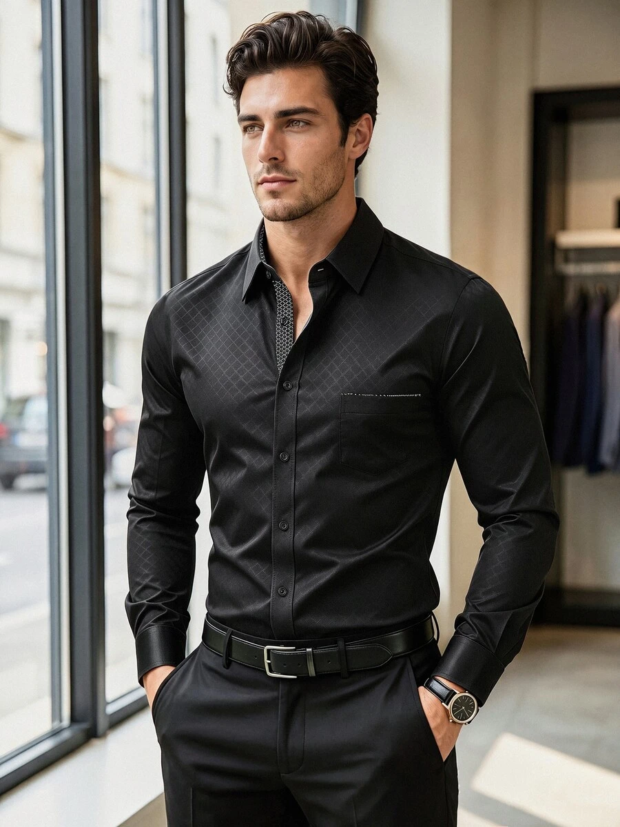 Manfinity Mode Men's Formal Casual Streetwear Versatile Commute Striped Patchwork Long Sleeve Shirt - Black - View 1