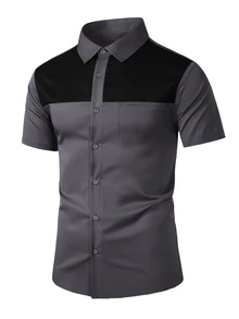 Manfinity Mode Men's Black & Grey Color Block Mature Casual Business Shirt, Comfortable Short Sleeve Style - Dark Grey - View 4