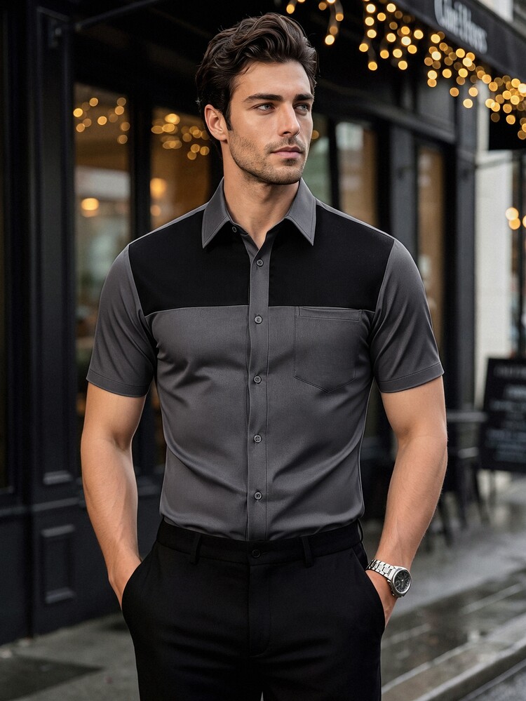 Manfinity Mode Men's Black & Grey Color Block Mature Casual Business Shirt, Comfortable Short Sleeve Style - Dark Grey - View 1