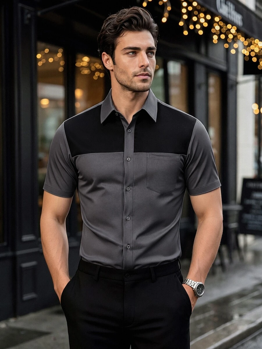 Manfinity Mode Men's Black & Grey Color Block Mature Casual Business Shirt, Comfortable Short Sleeve Style - Dark Grey - View 1