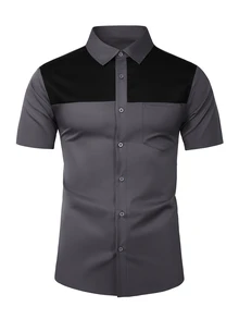 Manfinity Mode Men's Black & Grey Color Block Mature Casual Business Shirt, Comfortable Short Sleeve Style - Dark Grey - View 5