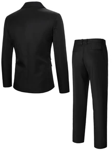 Manfinity Mode Men's British Style Elegant Formal Black Suit Set,Autumn Tuxedo 2 Pieces Blazer And Pants,Lapel Business Casual For Wedding,Prom Night & Ceremony - Black - View 4