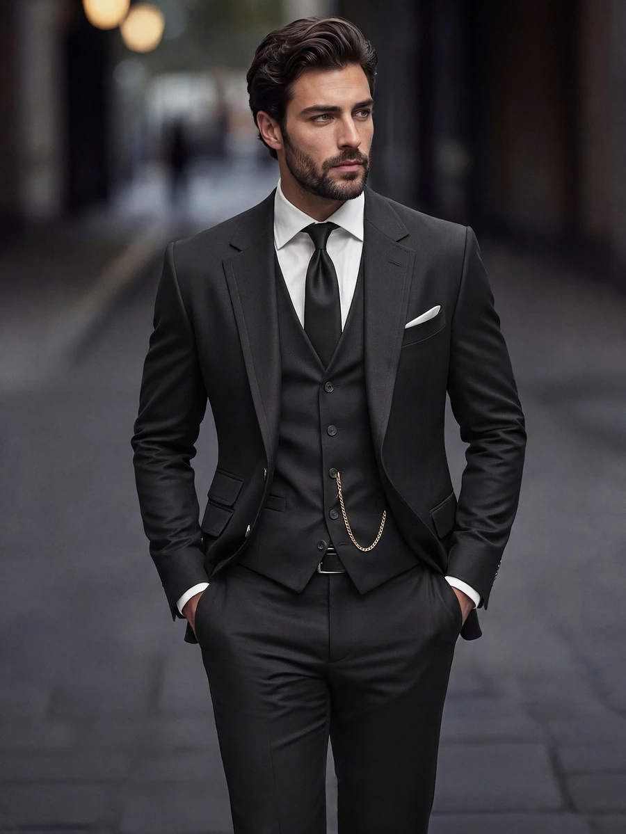 Manfinity Mode Men's British Style Elegant Formal Black Suit Set,Autumn Tuxedo 2 Pieces Blazer And Pants,Lapel Business Casual For Wedding,Prom Night & Ceremony - Black - View 1