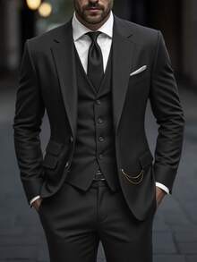 Manfinity Mode Men's British Style Elegant Formal Black Suit Set,Autumn Tuxedo 2 Pieces Blazer And Pants,Lapel Business Casual For Wedding,Prom Night & Ceremony - Black - View 2