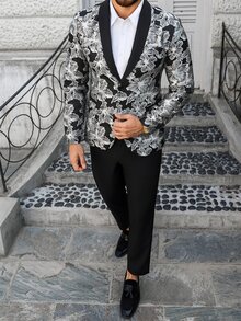Calvornis Men's Black And Silver Floral Jacquard Suit Set,Elegant Evening Party Tuxedo,Summer Wedding Guest Two Pieces Outfits,Prom Suits Modern Old Money - Multicolor - View 5