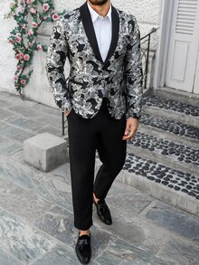 Calvornis Men's Black And Silver Floral Jacquard Suit Set,Elegant Evening Party Tuxedo,Summer Wedding Guest Two Pieces Outfits,Prom Suits Modern Old Money - Multicolor - View 3