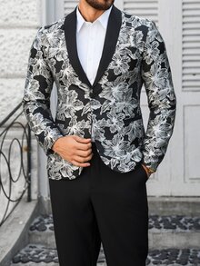 Calvornis Men's Black And Silver Floral Jacquard Suit Set,Elegant Evening Party Tuxedo,Summer Wedding Guest Two Pieces Outfits,Prom Suits Modern Old Money - Multicolor - View 4