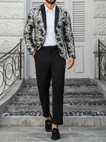 Calvornis Men's Black And Silver Floral Jacquard Suit Set,Elegant Evening Party Tuxedo,Summer Wedding Guest Two Pieces Outfits,Prom Suits Modern Old Money - Multicolor - View 2