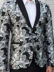 Calvornis Men's Black And Silver Floral Jacquard Suit Set,Elegant Evening Party Tuxedo,Summer Wedding Guest Two Pieces Outfits,Prom Suits Modern Old Money - Multicolor - View 7