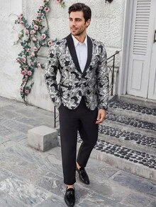 Calvornis Men's Black And Silver Floral Jacquard Suit Set,Elegant Evening Party Tuxedo,Summer Wedding Guest Two Pieces Outfits,Prom Suits Modern Old Money - Multicolor - View 1