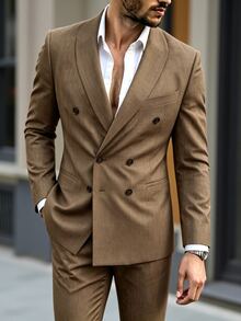 Manfinity Mode Men's Coffee Brown Shawl Collar Classic Versatile Old Money Style, Draped Atmosphere Ins Style Business Suit Set, Formal - Mocha Brown - View 2