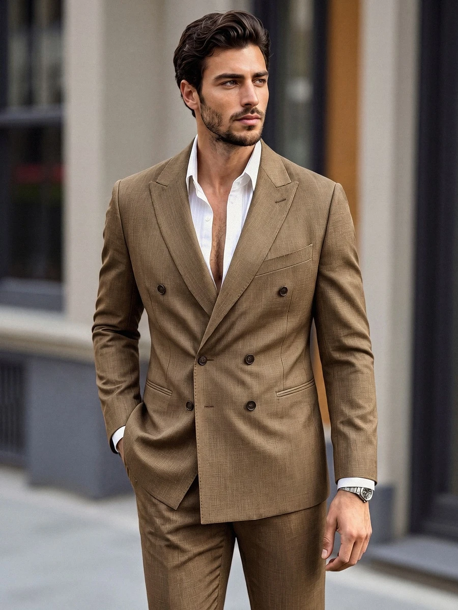 Manfinity Mode Men's Coffee Brown Shawl Collar Classic Versatile Old Money Style, Draped Atmosphere Ins Style Business Suit Set, Formal - Mocha Brown - View 1