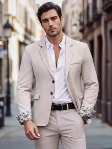 Manfinity Mode Men's Solid Color Notched Collar Single-Breasted Casual Versatile Commuting Office Long Sleeve Suit Blazer, Formal - Beige - View 1