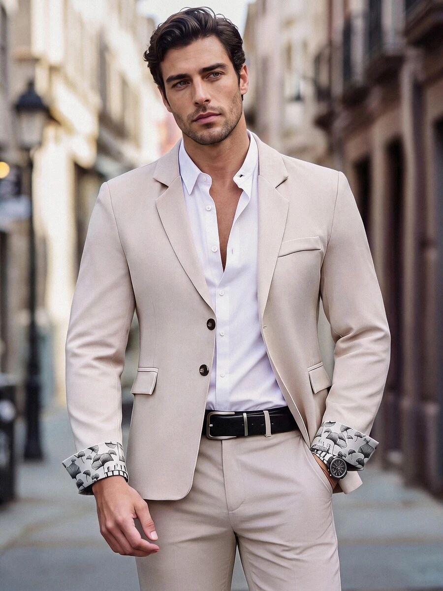 Manfinity Mode Men's Solid Color Notched Collar Single-Breasted Casual Versatile Commuting Office Long Sleeve Suit Blazer, Formal - Beige - View 1